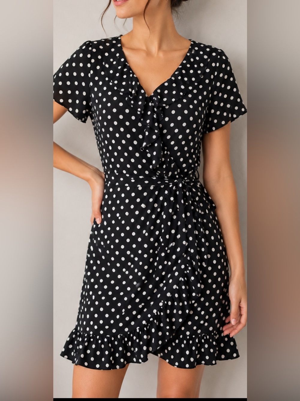 AQUA Polka Dot Wrap Dress Ruffle Hem Short Sleeve Black White Rayon Women L NWT